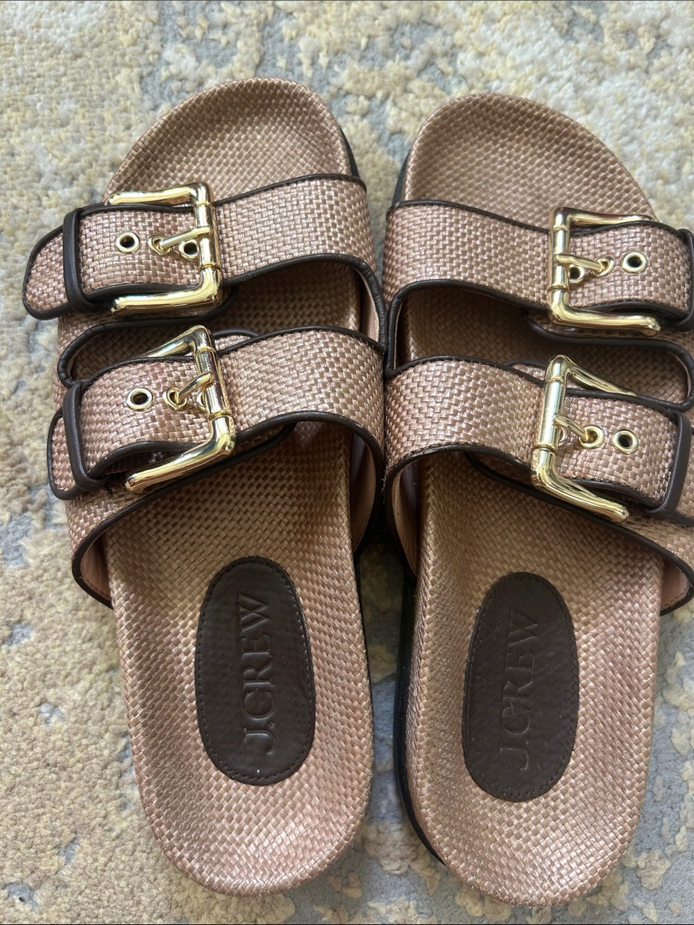 JCrew Colbie Wide-Strap Buckle Sandals in Raffia Brown